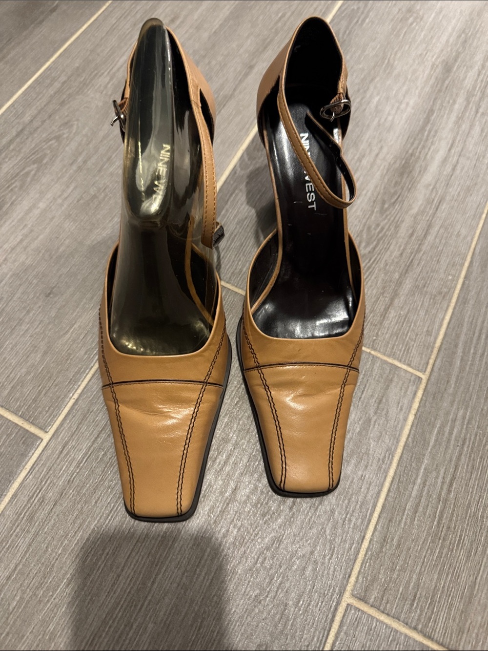 Nine West Tan Leather Square Toe Ankle-Strap Heels